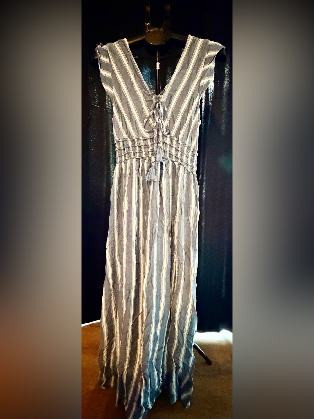 Blue & White Vertical Stripe Lace Up Front Maxi Dress Size L